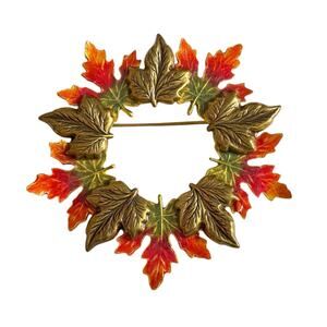 Kenneth Cole Autumn Wreath Brooch Gold Tone Orange Enamel Leaf Pin Fall Harvest